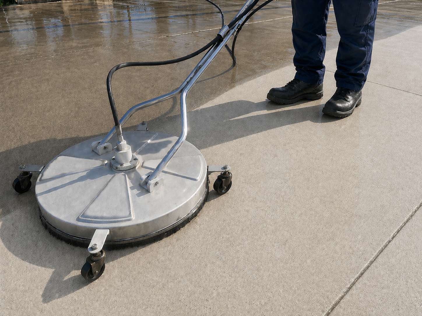 Operator using rotary surface cleaner on concrete pavement